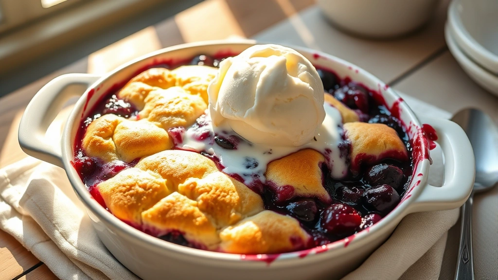 hero: blueberry cobbler in baking dish, warm from oven with golden biscuit topping and bubbling berry filling, vanilla ice cream melting on top, natural sunlight streaming across, rustic table setting with linen napkins, photorealistic, no text