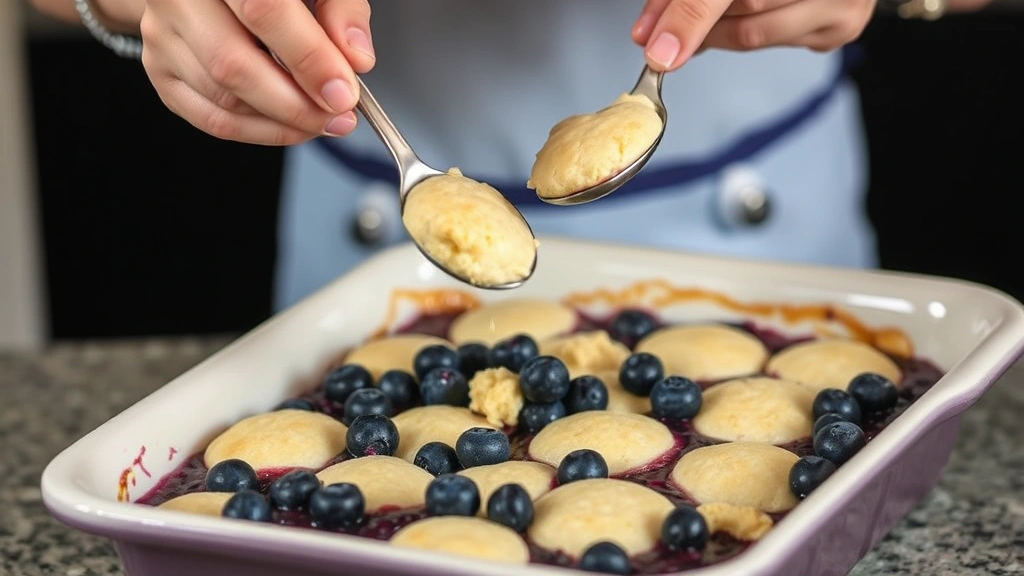 process: hands dropping spoonfuls of biscuit dough onto blueberry filling in baking dish, showing texture of topping, natural kitchen light, mid-action shot, photorealistic, no text