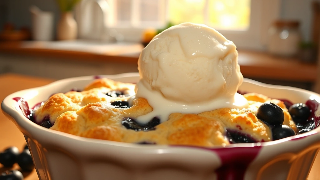 hero: warm blueberry cobbler with golden biscuit topping and vanilla ice cream melting on top, served in a ceramic baking dish, sunlit kitchen window in background, photorealistic, natural light, no text