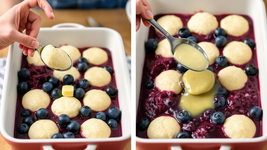process: hands dropping spoonfuls of biscuit dough onto blueberry filling in baking dish, brushing with melted butter, photorealistic, natural light, no text