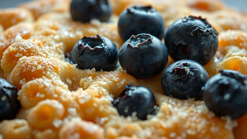 detail: close-up of golden crispy biscuit topping with coarse sugar crystals glistening, juicy blueberries peeking through gaps, steam rising, photorealistic, natural light, no text