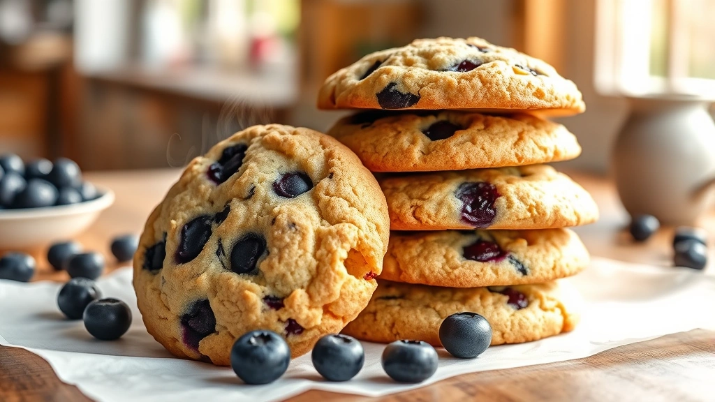 hero: stack of warm blueberry cookies with visible burst blueberries, steam rising, golden edges, on white parchment paper, soft morning sunlight through kitchen window, wooden table background
