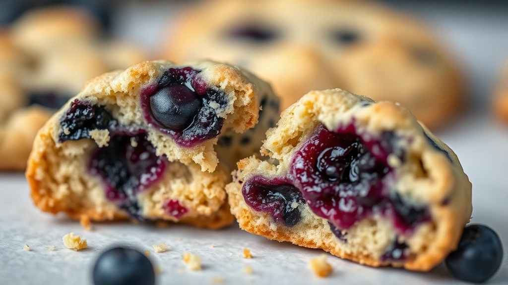 detail: extreme close-up of single blueberry cookie broken in half showing jammy blueberry center and tender crumb structure, golden edges, crumbs scattered, soft focus background