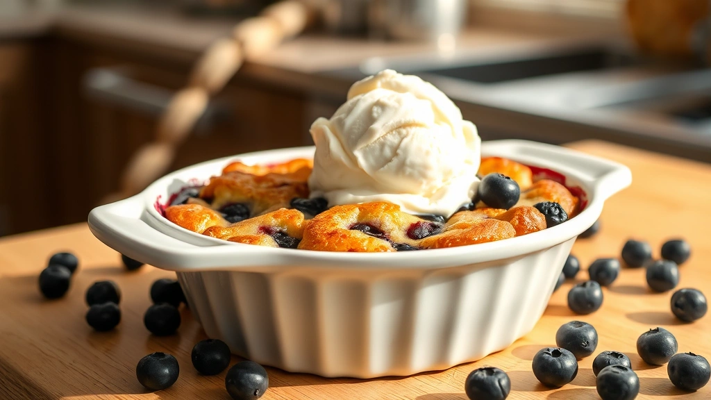 hero: golden-brown blueberry dump cake in white ceramic baking dish, warm vanilla ice cream melting on top, fresh blueberries scattered around, natural afternoon sunlight streaming from left, soft shadows, cozy kitchen setting, photorealistic, no text