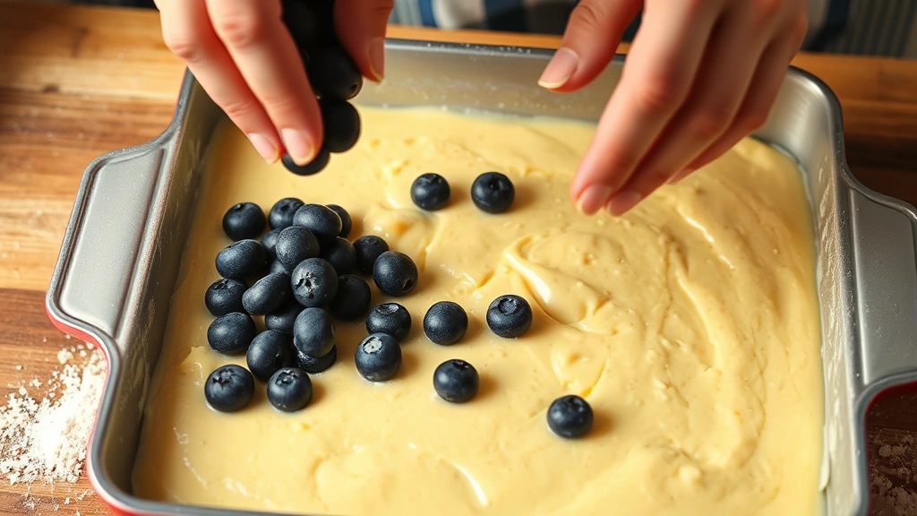 process: hands pouring purple-blue blueberries over pale yellow cake batter in buttered baking dish, mid-action shot, flour dust visible in warm kitchen light, photorealistic, no text