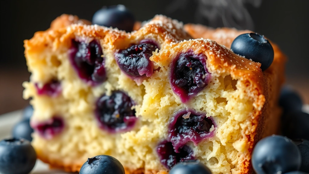 detail: close-up cross-section of warm blueberry dump cake showing golden cake crumb with juicy blueberries throughout, steam rising, sharp focus on texture, photorealistic, no text