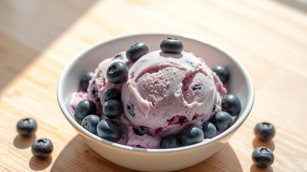 hero: bowl of vibrant blueberry ice cream with fresh blueberries scattered on top, served in a white ceramic bowl on a light wooden surface, natural sunlight streaming from the side, melting slightly to show creamy texture, no text or watermarks