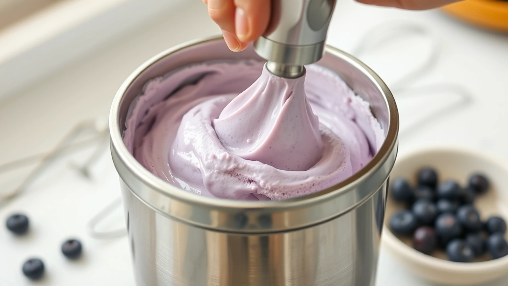 process: hand churning ice cream in a stainless steel ice cream maker, creamy pale purple mixture being churned, fresh blueberries visible, bright kitchen lighting, active motion, no text or watermarks