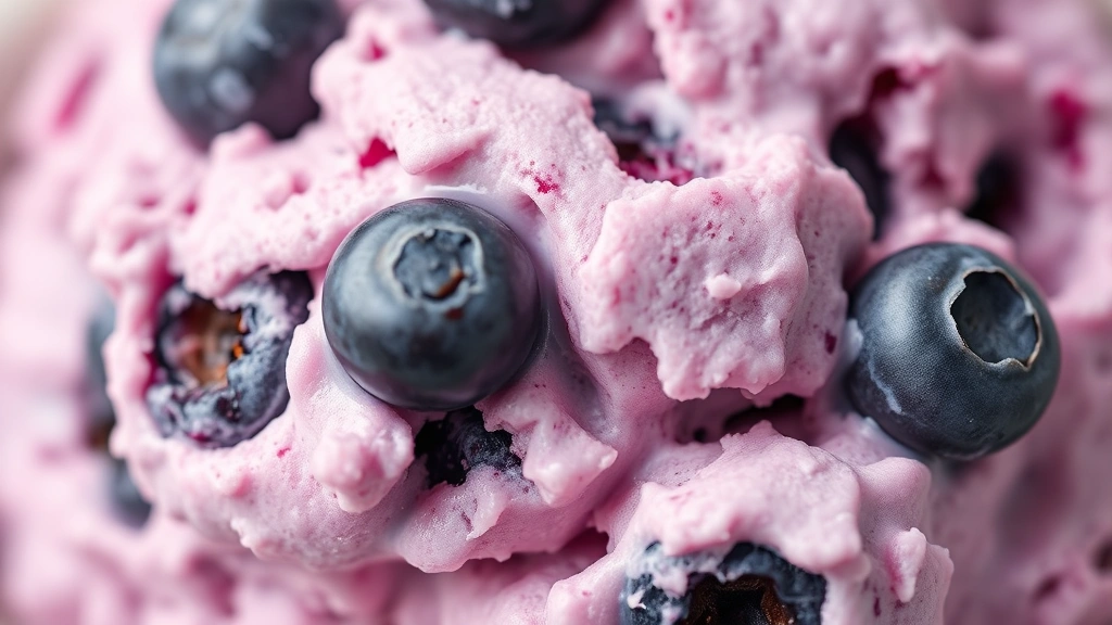 detail: close-up macro shot of blueberry ice cream with whole blueberries embedded throughout, showing the creamy texture and vibrant purple color, shallow depth of field, natural daylight, no text or watermarks