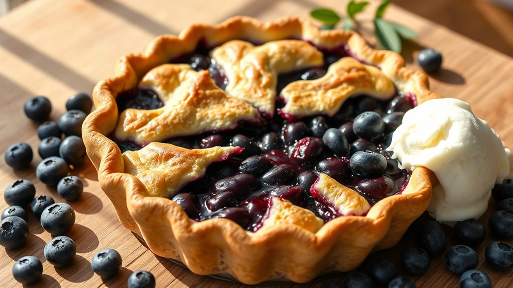 hero: A beautiful freshly baked blueberry pie with golden-brown flaky crust, cut to reveal deep purple-blue filling, vanilla ice cream melting on the side, set on a wooden table with fresh blueberries scattered around, natural sunlight streaming in from the side, no text visible