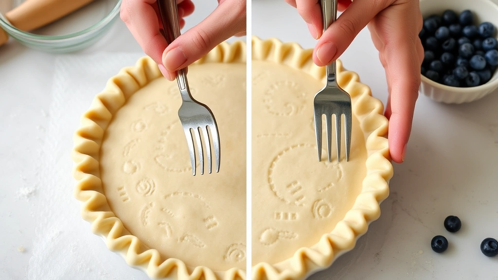 process: Hands crimping the edges of a pie crust with a fork, showing the decorative pattern and flaky texture, with a bowl of fresh blueberries nearby, natural kitchen lighting, focused on the detailed crimping technique, no text visible