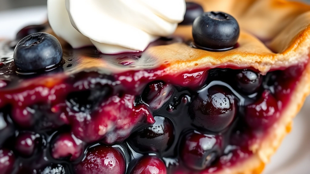 detail: Close-up cross-section of a slice of blueberry pie showing the thick, glossy filling with whole and halved blueberries suspended throughout, golden crust edge, and a dollop of whipped cream on top, shot with shallow depth of field, natural light highlighting the textures, no text visible