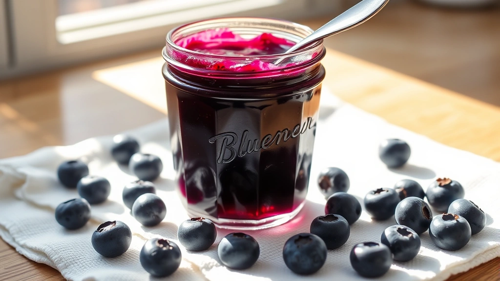 hero: glossy deep purple blueberry preserves in a glass jar with a silver spoon, sitting on a white linen napkin with fresh blueberries scattered nearby, morning sunlight streaming through a kitchen window creating warm shadows, photorealistic, natural light, no text
