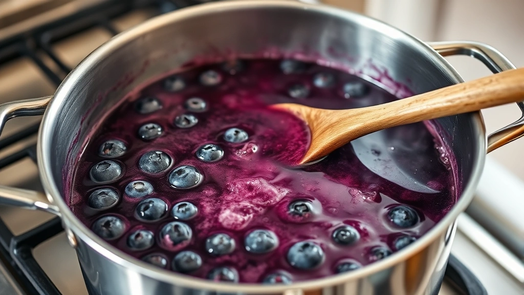 process: large stainless steel pot with bubbling deep purple blueberry mixture on a stovetop, wooden spoon stirring, steam rising, fresh blueberries visible in the mixture, photorealistic, natural light, no text