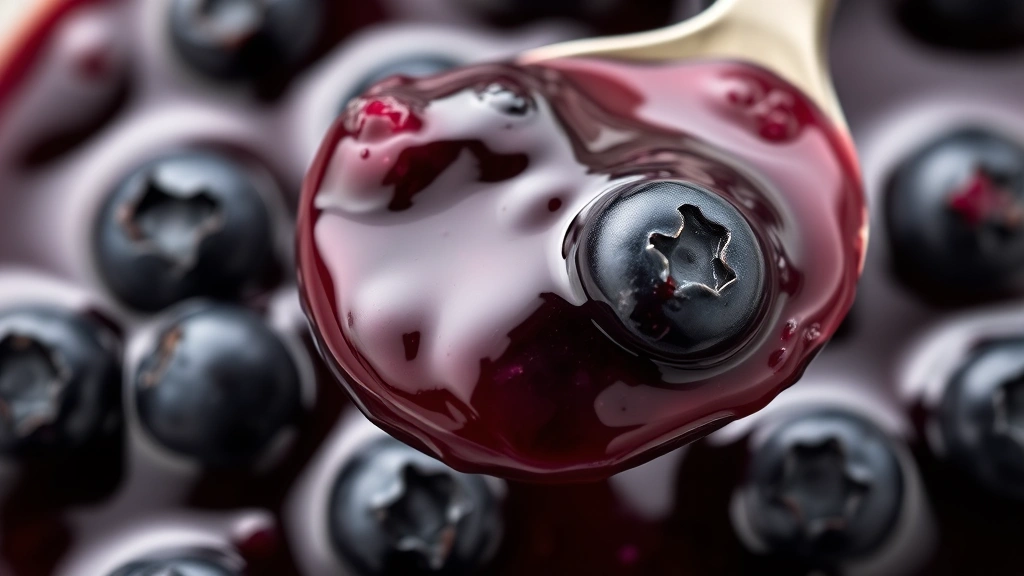 detail: close-up macro shot of glossy blueberry preserves with visible berries suspended in the jam, spoon lifting a generous portion showing the thick, jewel-like consistency, photorealistic, natural light, no text