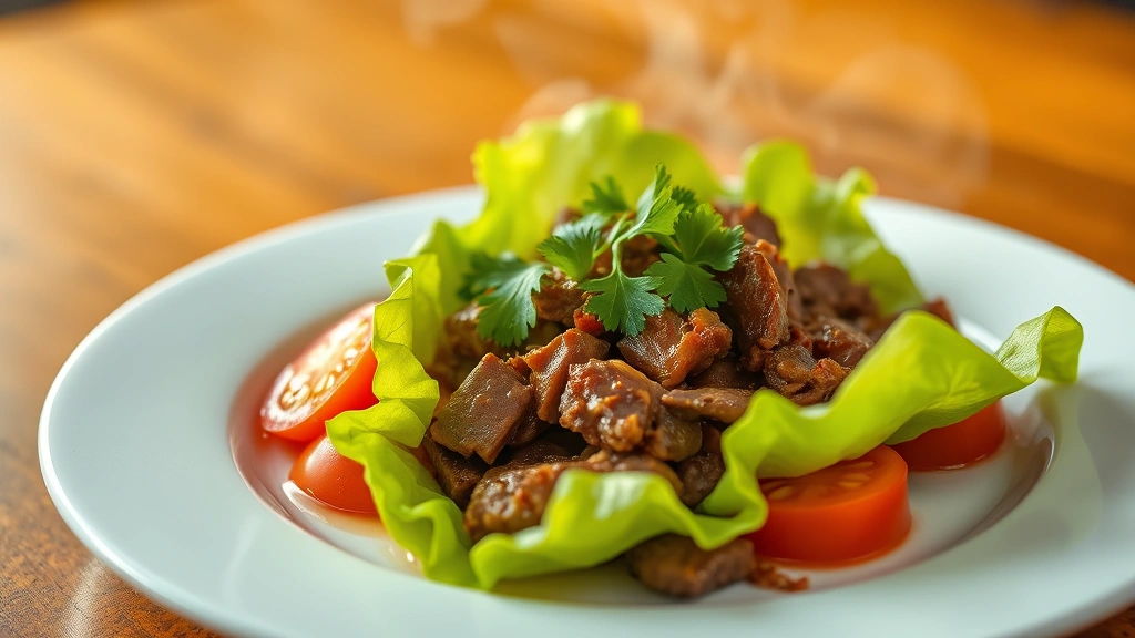 hero: Vietnamese bo luc lac shaking beef served on white plate with fresh lettuce cups, tomato slices, and cilantro garnish, steam rising, warm golden lighting, professional food photography, no text