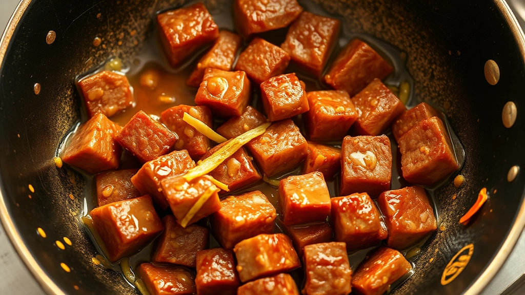 process: beef cubes searing in wok with garlic and sauce, high heat action shot, golden caramelization visible, no text