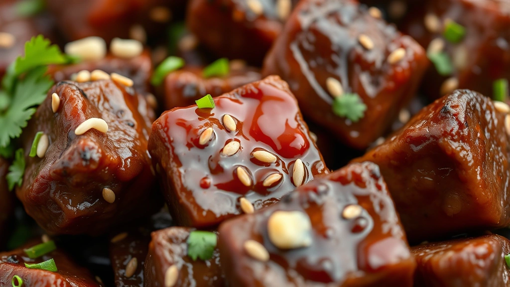 detail: close-up of perfectly seared beef cubes with glossy sauce coating and minced garlic, shallow depth of field, sesame seeds and cilantro garnish, no text
