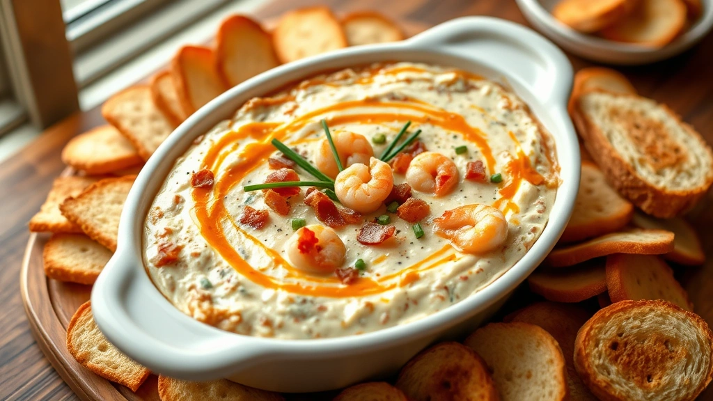 hero: Creamy boat dip with shrimp and bacon in white ceramic baking dish, golden-brown top, fresh chives garnish, surrounded by crackers and toasted bread, warm natural window light, wooden table surface, no text