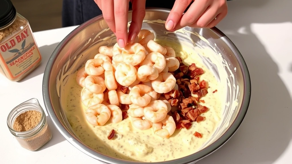 process: Hands folding shrimp into creamy mixture in large mixing bowl, bacon pieces visible, Old Bay seasoning jar nearby, stainless steel mixing bowl, bright kitchen counter, no text