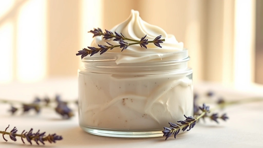 hero: fluffy whipped body butter in a glass jar with dried lavender on top, photorealistic, warm natural window light, creamy pale texture, luxury spa aesthetic, no text