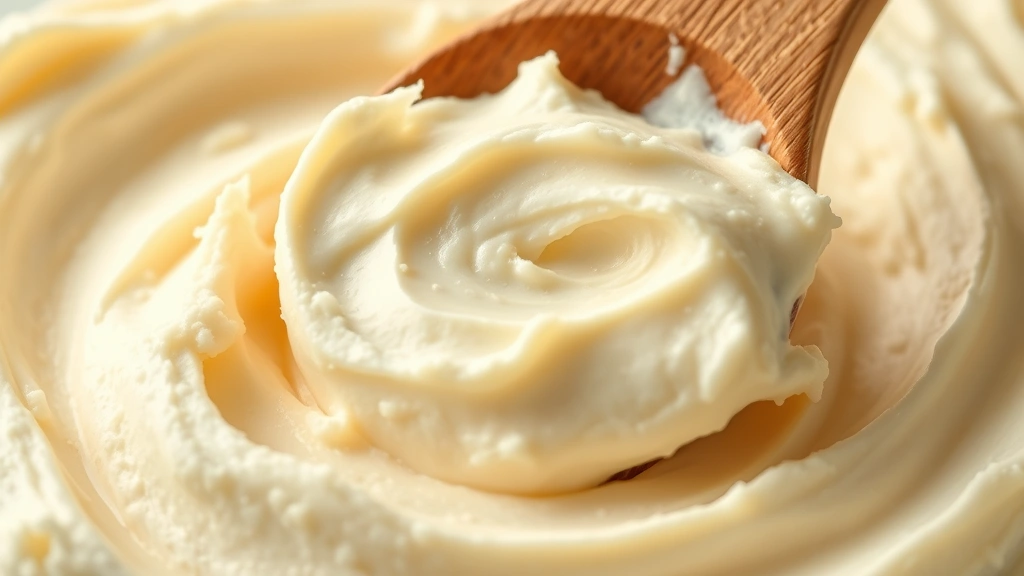 detail: close-up of whipped body butter texture being scooped with a wooden spoon, photorealistic, soft natural light highlighting creamy fluffy consistency, no text