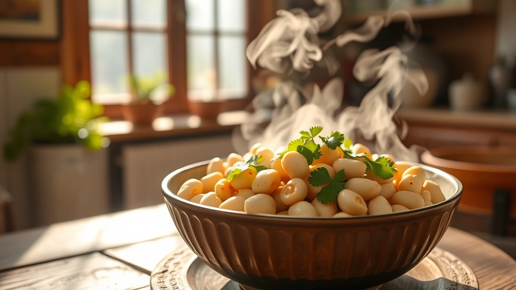 hero: steaming bowl of boiled groundnuts in shells, garnished with fresh cilantro, warm natural sunlight streaming through kitchen window, rustic wooden table, photorealistic, no text, inviting appetizing presentation