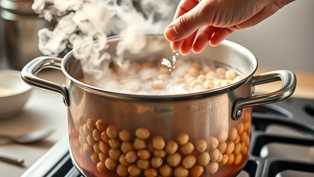 process: large stockpot with boiling groundnuts and water on stovetop, steam rising, hand dropping salt into pot, natural kitchen lighting, photorealistic, no text, shows active cooking