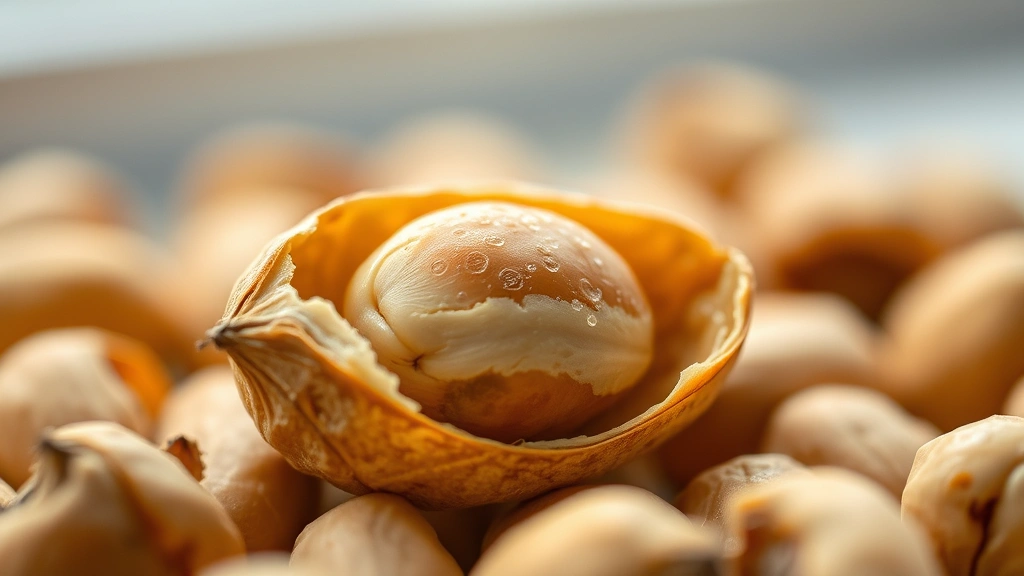 detail: close-up macro shot of single cracked open boiled groundnut showing tender kernel inside shell, shallow depth of field, natural window light, photorealistic, no text, shows perfect texture and doneness