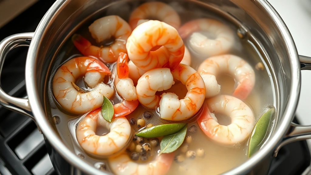 process: shrimp being added to boiling seasoned water with visible bay leaves and peppercorns, steam rising, stainless steel pot, photorealistic, natural kitchen lighting, no text