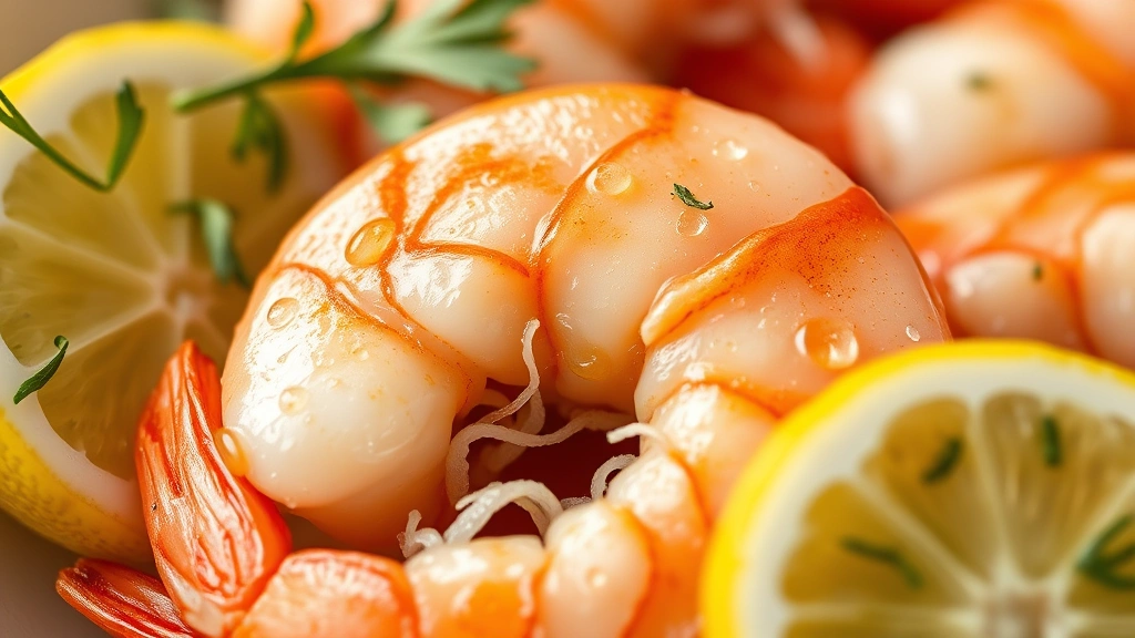 detail: close-up of perfectly cooked pink shrimp with water droplets, lemon slice beside, fresh herbs scattered, macro photography style, photorealistic, natural light, no text