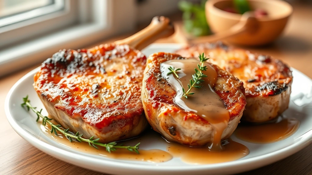 hero: golden-brown bone-in pork chops on white plate with fresh thyme garnish, pan sauce drizzled over, photorealistic, natural window light, no text, professional food photography