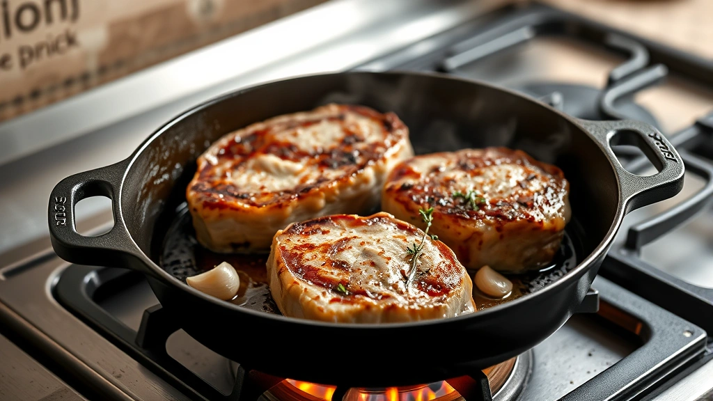process: pork chops sizzling in cast iron skillet over stovetop flame with garlic cloves and thyme visible, steam rising, photorealistic, natural light, no text