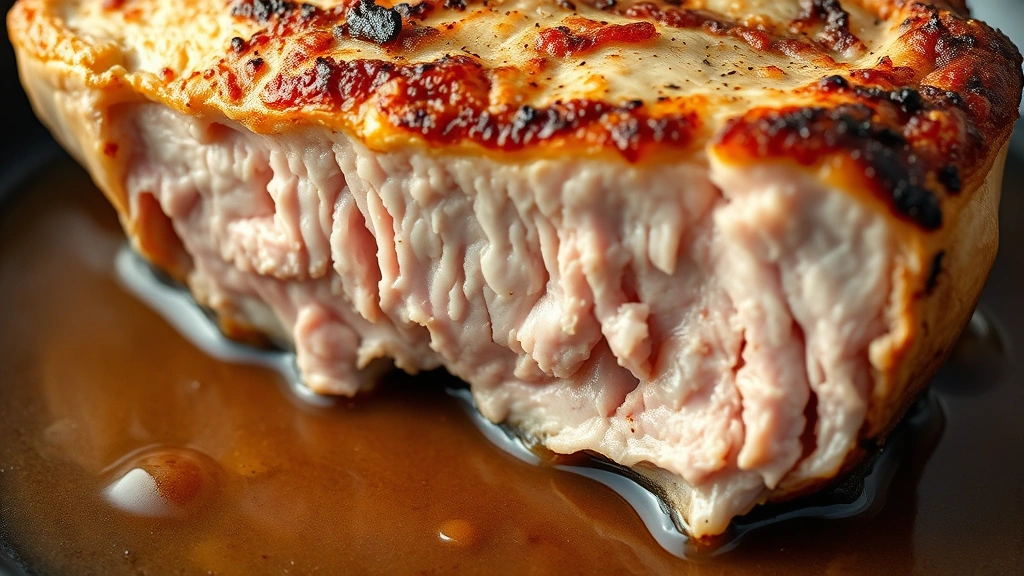 detail: close-up cross-section of cooked bone-in pork chop showing pink juicy interior and golden crust, pan sauce pooling around it, photorealistic, natural light, no text