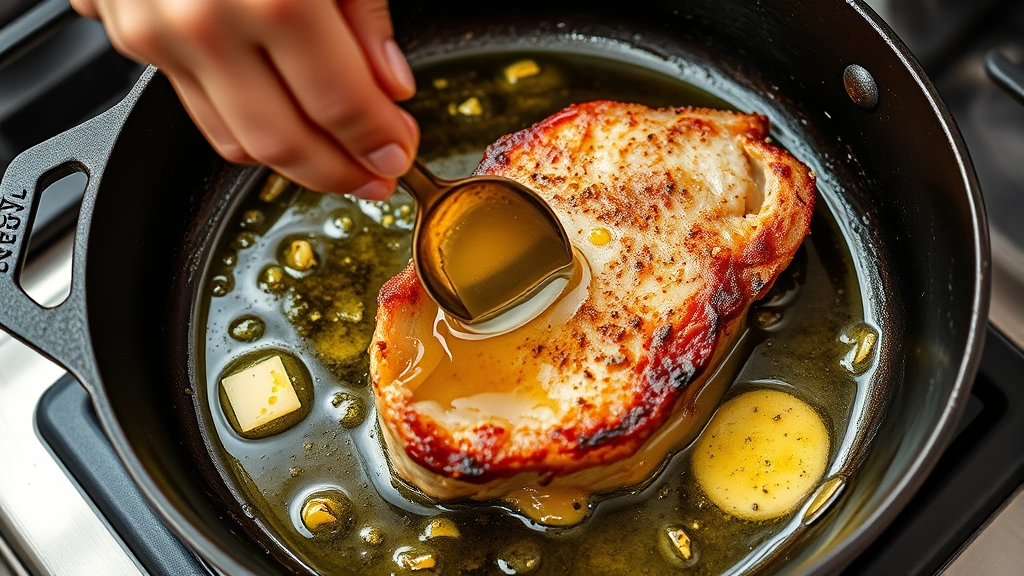 process: pork chop sizzling in cast iron skillet with melted butter and garlic, hand basting with spoon, close action shot, photorealistic, warm kitchen lighting, no text
