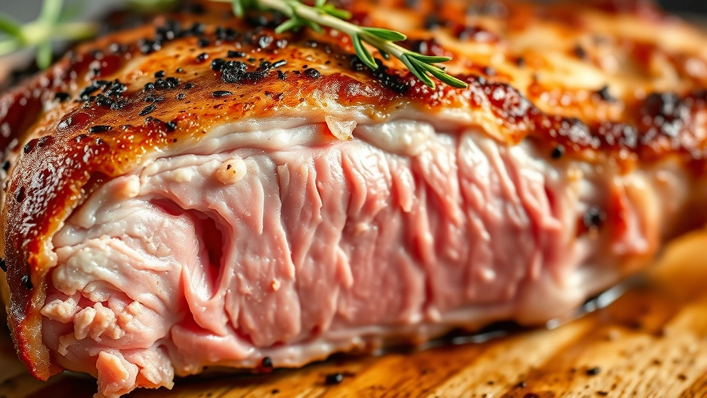 detail: close-up cross-section of cooked pork chop showing juicy pink interior and golden brown crust, bone visible, with fresh herbs, photorealistic, macro photography, natural light, no text