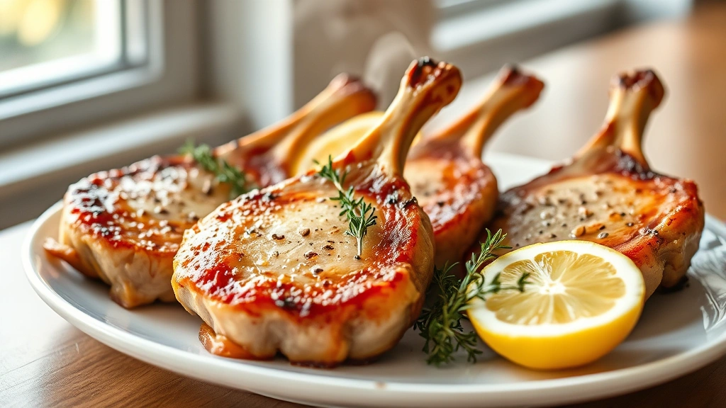 hero: four golden-brown bone-in pork chops on a white plate with fresh thyme garnish and lemon wedges, steam rising, natural window light, shallow depth of field