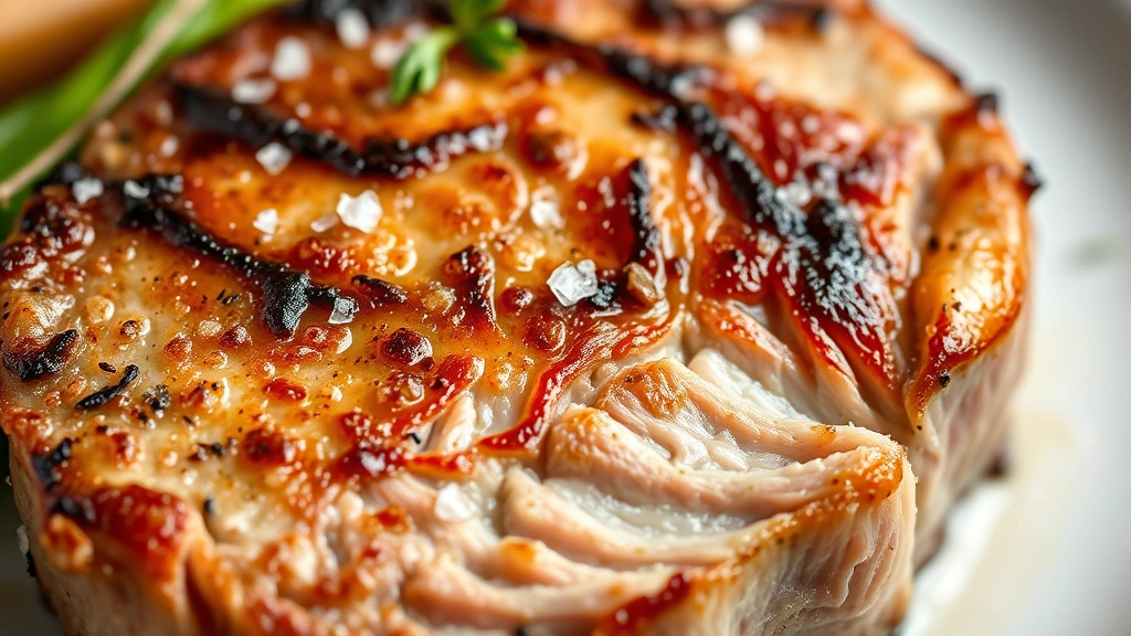 detail: close-up of a perfectly cooked bone-in pork chop showing the golden crust and juicy interior, fleur de sel crystals visible, fresh herb garnish, macro photography