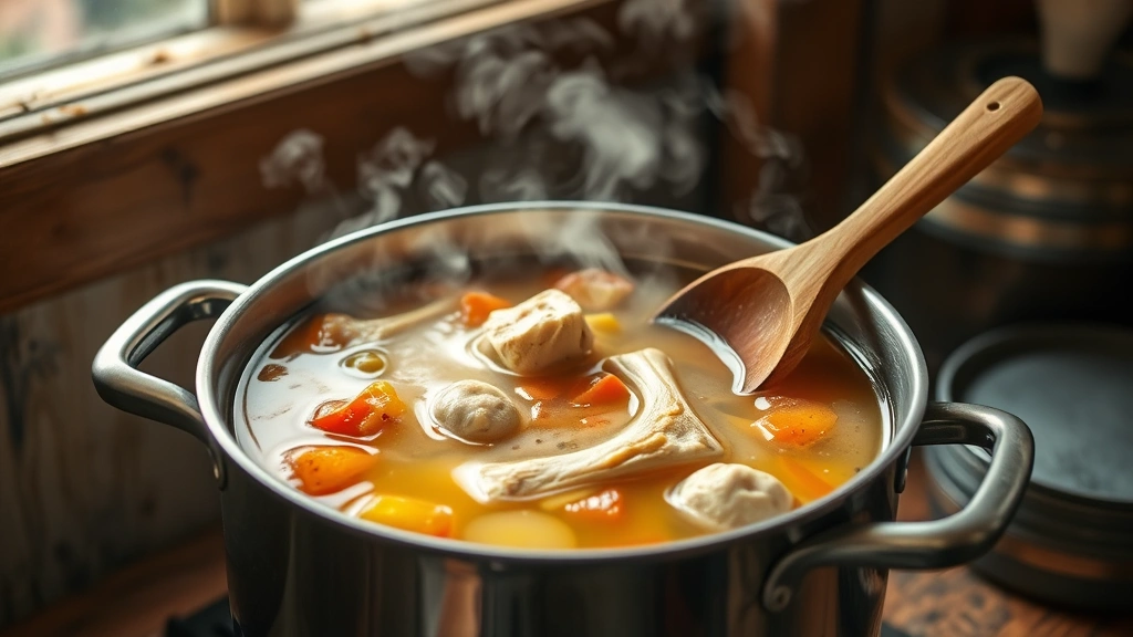 hero: steaming pot of golden bone stock, bones and vegetables visible, steam rising, natural window light, rustic kitchen background, wooden spoon resting on rim