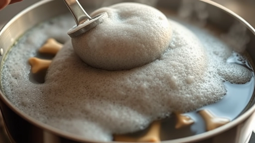 process: close-up of skimming gray foam from simmering stock with metal skimmer, bones visible below surface, gentle bubbles, warm lighting, chef's hands visible