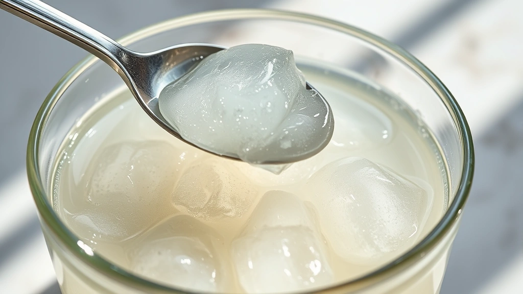 detail: close-up of chilled stock showing gelatinous gel consistency, glass bowl or container, spoon pressing into gel showing texture, natural light, minimalist background