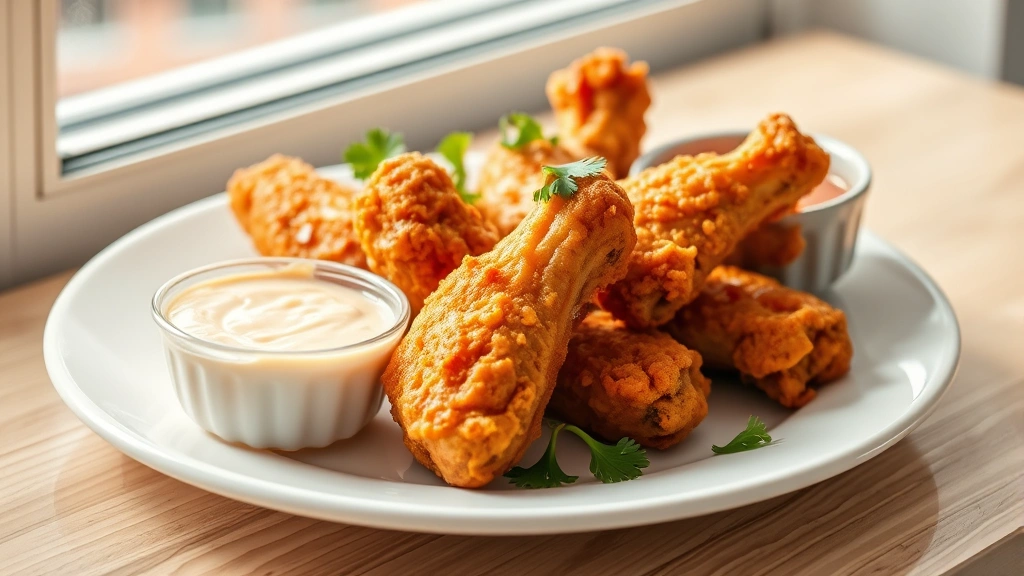 hero: golden crispy boneless chicken wings on white plate with fresh parsley garnish and dipping sauces, natural window light, professional food photography