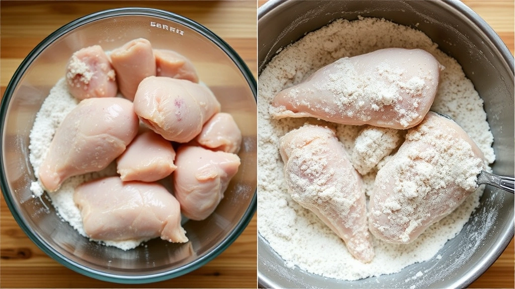 process: coating raw chicken pieces in seasoned flour mixture in shallow bowl, natural kitchen light, overhead shot showing technique