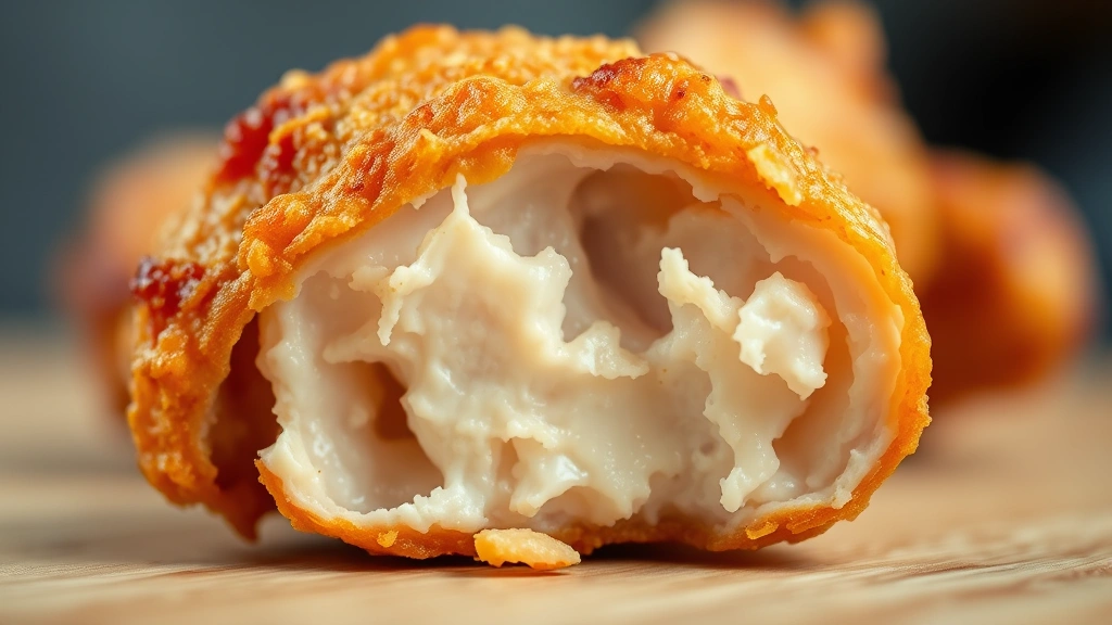 detail: close-up cross-section of boneless chicken wing showing crispy golden exterior and tender juicy interior, shallow depth of field, natural lighting
