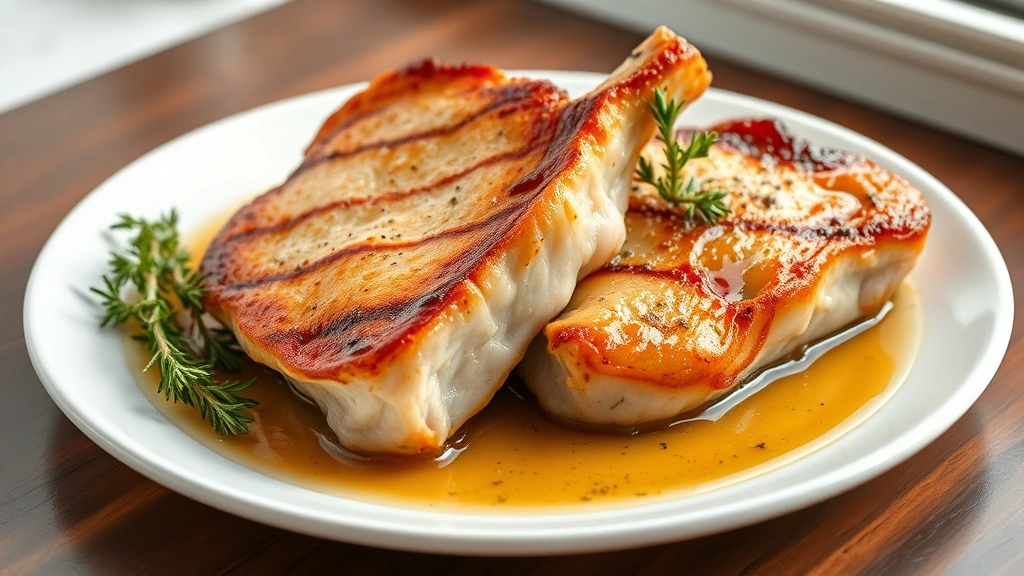 hero: golden-brown boneless pork chops on a white plate with pan sauce and fresh thyme garnish, photorealistic, natural window light, no text, professional food photography