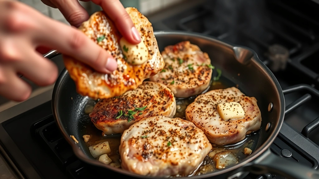 process: hands placing seasoned pork chops into sizzling hot skillet with butter and garlic, photorealistic, natural light, no text, action shot