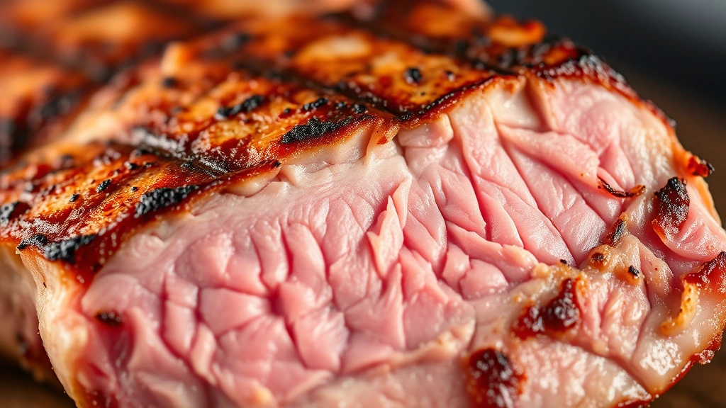 detail: close-up of perfectly seared pork chop cross-section showing juicy pink center and golden-brown crust, photorealistic, natural light, no text, macro photography