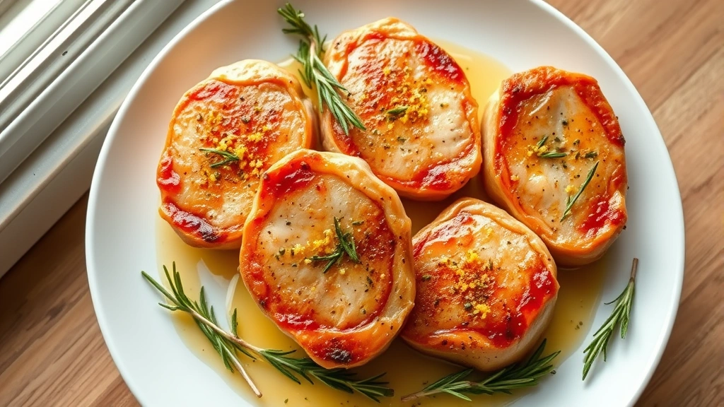 hero: four golden-brown boneless pork loin chops on a white plate with fresh rosemary and thyme garnish, pan sauce glistening, lemon zest sprinkled on top, natural window light, overhead shot