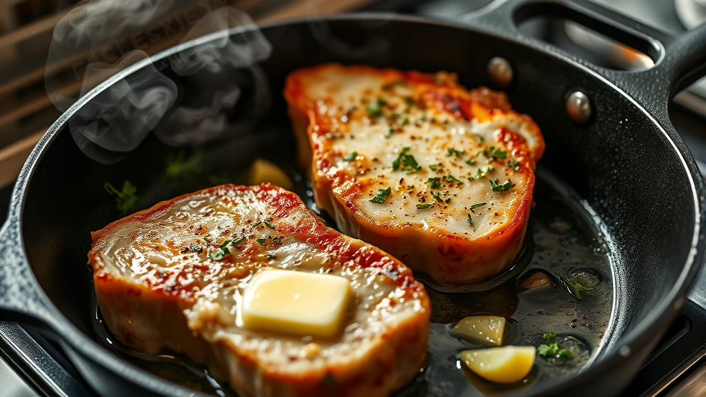 process: searing pork chops in cast iron skillet with visible steam and golden crust formation, butter melting with garlic and fresh herbs, professional kitchen lighting