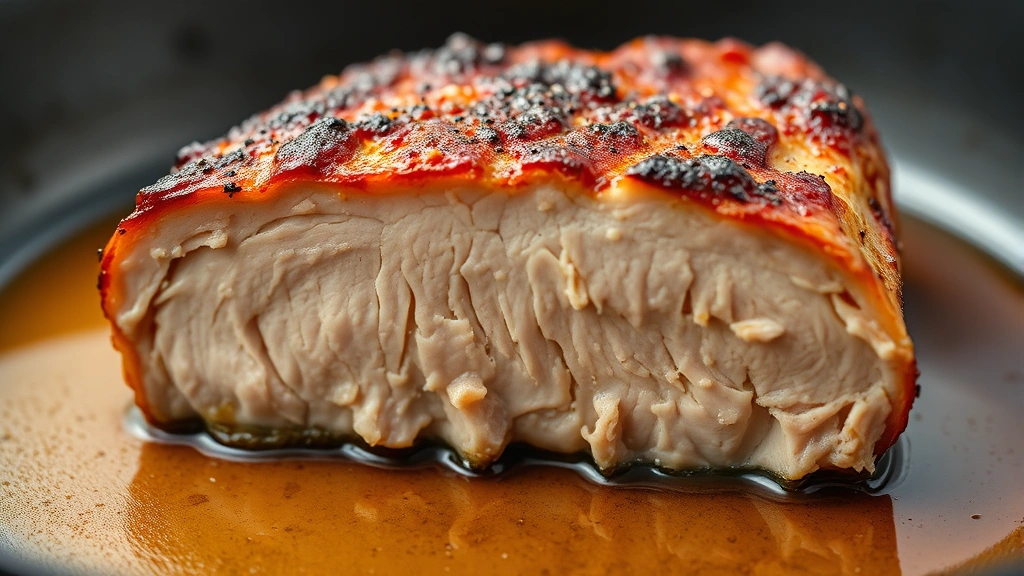 detail: close-up of perfectly cooked pork loin chop cross-section showing juicy interior and caramelized golden exterior, pan sauce pooling around it, shallow depth of field